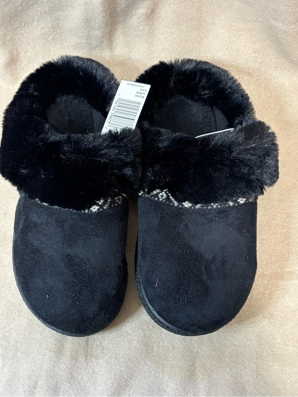 Isotoner Black Faux-Fur Slip-On Slippers Sz 8.5-9 New With Tags